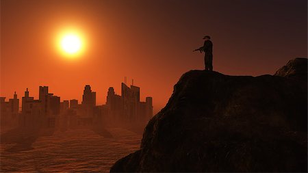 simsearch:400-06735733,k - 3D render of a soldier on lookout over a city at sunset Foto de stock - Royalty-Free Super Valor e Assinatura, Número: 400-08497085