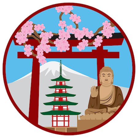 Japan Pagoda Torii Gate Zen Buddha Mt Fuji Collage in Circle Color Illustration Stock Photo - Budget Royalty-Free & Subscription, Code: 400-08497647