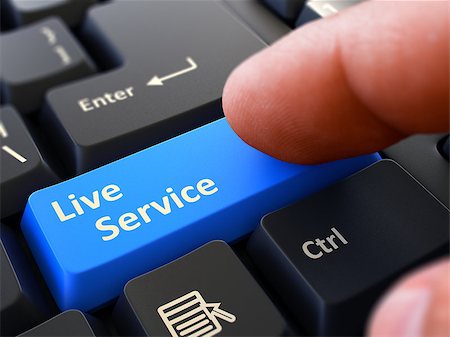 simsearch:400-08291045,k - Live Service Button. Male Finger Clicks on Blue Button on Black Keyboard. Closeup View. Blurred Background. 3d Render. Foto de stock - Royalty-Free Super Valor e Assinatura, Número: 400-08497829
