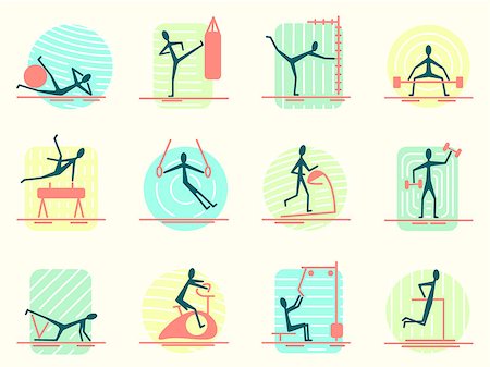 simsearch:400-07754604,k - Set of sport equipment icons with person making different gym activity. Athletic, body building, training and workout exercises Pictogram Icons. Stock Photo - Budget Royalty-Free & Subscription, Code: 400-08497899