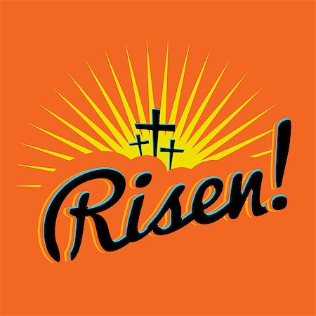A christian easter text with the word Risen! written over a bright sun burst and silhouetted crosses.. Vector EPS 10 available. Stock Photo - Budget Royalty-Free & Subscription, Code: 400-08498069