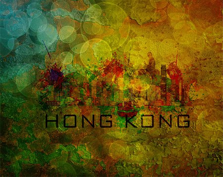 Hong Kong City Skyline with Paint Splatter Abstract onn Grunge Texture Background Color Illustration Stock Photo - Budget Royalty-Free & Subscription, Code: 400-08498270