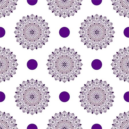 simsearch:400-07053213,k - Seamless white vintage pattern with violet polka dots and lacy mandalas (vector) Stock Photo - Budget Royalty-Free & Subscription, Code: 400-08498368