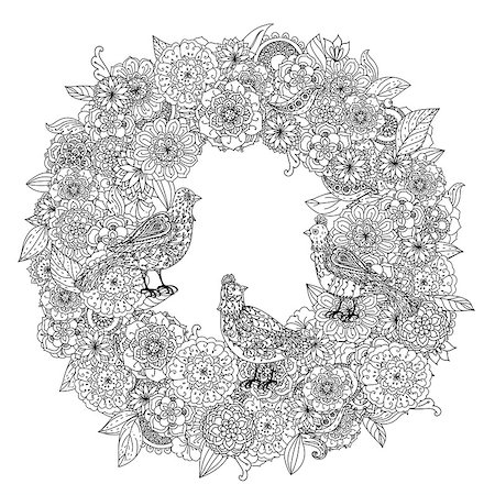 floral frame and birds. Zentangle interpretation. Black and white. Vector illustration. The best for your design, textiles, posters, coloring book Photographie de stock - Aubaine LD & Abonnement, Code: 400-08498371