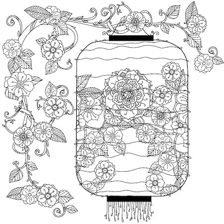 Chinese lantern hand drawing.  flowers tree and birds. Zentangle interpretation. Black and white. Vector illustration. The best for your design, textiles, posters, coloring book Stock Photo - Budget Royalty-Free & Subscription, Code: 400-08498372
