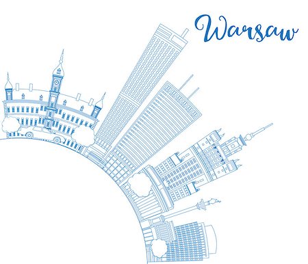 simsearch:400-08348304,k - Outline Warsaw skyline with blue buildings and copy space. Vector illustration. Business travel and tourism concept with modern buildings. Image for presentation, banner, placard and web site. Stock Photo - Budget Royalty-Free & Subscription, Code: 400-08498414