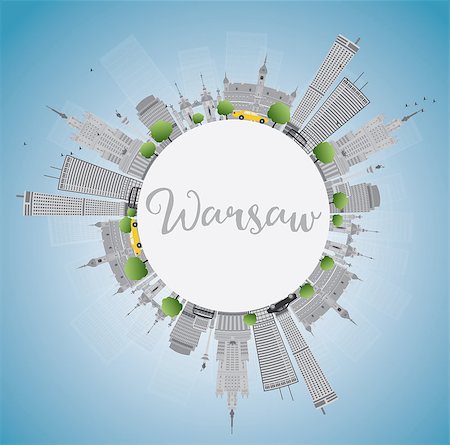 simsearch:400-08348304,k - Warsaw skyline with grey buildings, blue sky and copy space. Vector illustration. Business travel and tourism concept with modern buildings. Image for presentation, banner, placard and web site. Stock Photo - Budget Royalty-Free & Subscription, Code: 400-08498411