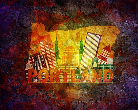 simsearch:400-08094357,k - Portland Oregon City Skyline Panorama in State Map Grunge Texture Background Color Illustration Foto de stock - Super Valor sin royalties y Suscripción, Código: 400-08498501