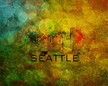 simsearch:400-08094357,k - Seattle Washington City Skyline with Paint Splatter Abstract on Grunge Texture Background Color Illustration Foto de stock - Super Valor sin royalties y Suscripción, Código: 400-08498503