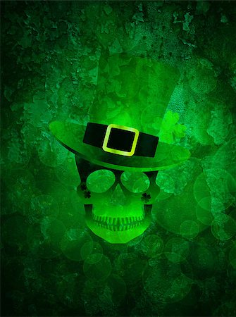 St Patricks Day Green Irish Skull with Leprechaun Hat Illustration on Grunge Texture Background Stock Photo - Budget Royalty-Free & Subscription, Code: 400-08498701