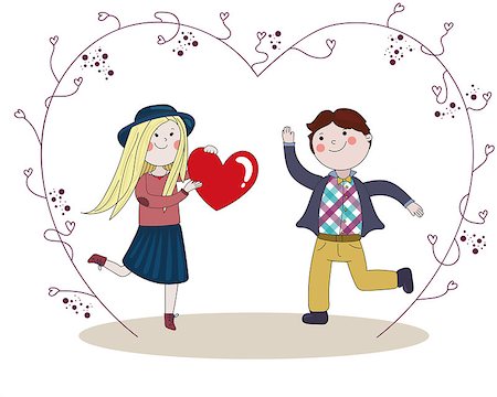 Boy presented to his pretty girlfriend red big heart  to Valentine's Day, happyness, and jumping, grape vine with hearts Photographie de stock - Aubaine LD & Abonnement, Code: 400-08498948