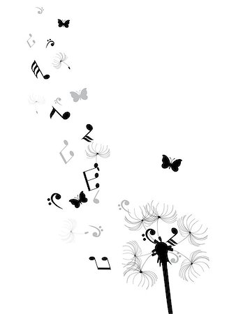 vector illustration of a dandelion with musical notes and butterflies Stock Photo - Budget Royalty-Free & Subscription, Code: 400-08498960