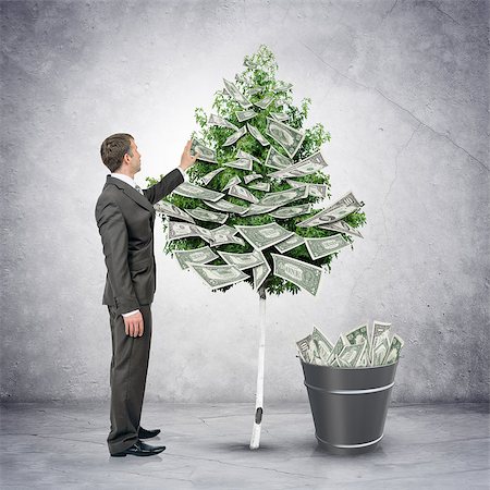 Businessman collecting money from tree with bucket full of money Stock Photo - Budget Royalty-Free & Subscription, Code: 400-08499116