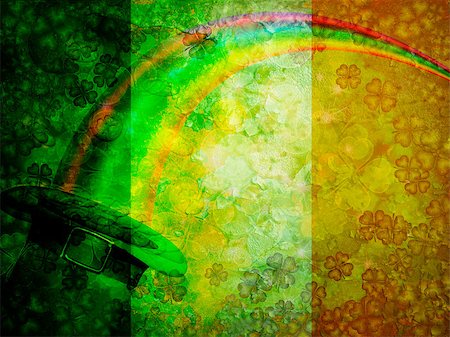 simsearch:400-08502521,k - St Patricks Day Four Leaf Clover Shamrock Leprechaun Hat Gold Coins Rainbow with Grunge Texture Irish Flag Background Foto de stock - Super Valor sin royalties y Suscripción, Código: 400-08499293