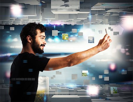 simsearch:400-09029842,k - Man with cell phone on futuristic background Photographie de stock - Aubaine LD & Abonnement, Code: 400-08499375