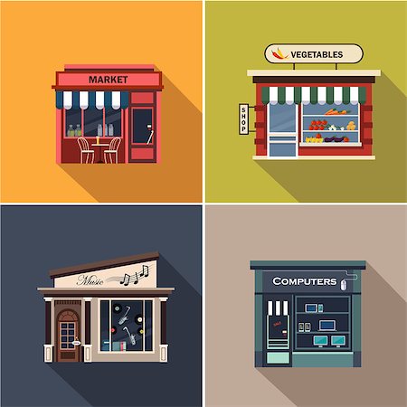 Stores and Shop Facades. Flat Vector Illustration Collection Stock Photo - Budget Royalty-Free & Subscription, Code: 400-08499611