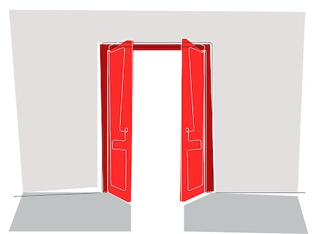 red open house door - Vector illustration of two red doors opening to the light, flat line style Stock Photo - Budget Royalty-Free & Subscription, Code: 400-08499685