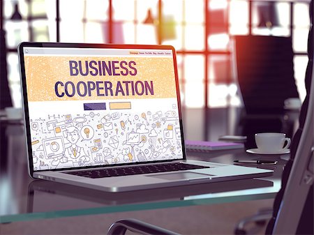 Business Cooperation Concept Closeup on Landing Page of Laptop Screen in Modern Office Workplace. Toned Image with Selective Focus. 3D Render. Stock Photo - Budget Royalty-Free & Subscription, Code: 400-08499749