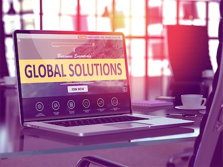 simsearch:400-07102453,k - Global Solutions Concept Closeup on Laptop Screen in Modern Office Workplace. Toned Image with Selective Focus. 3D Render. Stock Photo - Budget Royalty-Free & Subscription, Code: 400-08499757