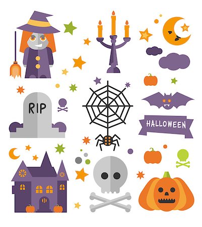 simsearch:400-05673521,k - Halloween symbols collection flat style icon set Stock Photo - Budget Royalty-Free & Subscription, Code: 400-08499843