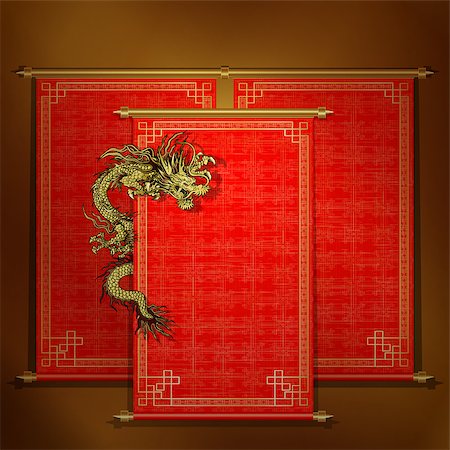 drstokvektor (artist) - Vector traditional Asian red scroll with Chinese dragon on a gold background. The scrolls are made by individual elements, and each roll can be applied to an inscription or the image. Stockbilder - Microstock & Abonnement, Bildnummer: 400-08492029
