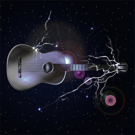 drstokvektor (artist) - Vector acoustic guitar in space with lightning on a dark background with stars.It can be used as a poster, advertising or separately sovmezaetsya with any image on a black background. Stockbilder - Microstock & Abonnement, Bildnummer: 400-08492031