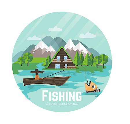 simsearch:400-08258030,k - Fisherman on a boat catching a big fish. Mountain landscape with trees and an ecology home. Outdoor recreation and relaxing. Vector illustration in flat style. Stock Photo - Budget Royalty-Free & Subscription, Code: 400-08492264