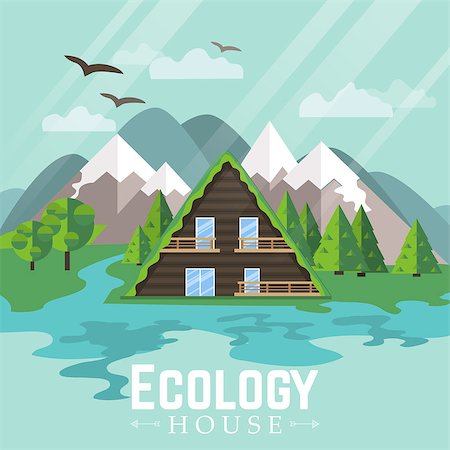eco friendly home - Wooden house in the mountains in nature. Fresh air and rest near the river. Ecology. Landscape. Flat design vector illustration Foto de stock - Super Valor sin royalties y Suscripción, Código: 400-08492265