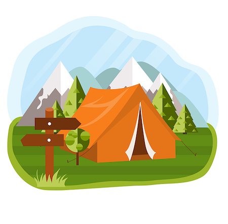 simsearch:400-07310113,k - Vector flat illustration camping. Nature background with grass, forest, mountains and hills. Outdoor activities. Tent and pointer Foto de stock - Super Valor sin royalties y Suscripción, Código: 400-08492319