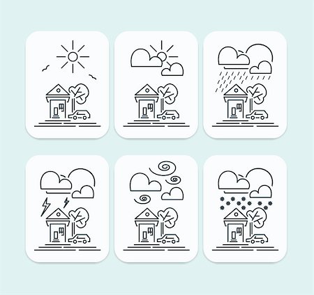 simsearch:400-07427440,k - Set of Weather Forecast icons with house, car and tree outdoors in thin flat style.  Elements for UI design on white background. Stock Photo - Budget Royalty-Free & Subscription, Code: 400-08493343