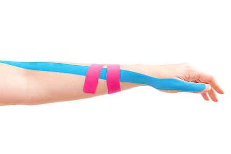 simsearch:400-08318516,k - Kinesio tape on female hand isolated on white background. Chronic pain, alternative medicine. Rehabilitation and physiotherapy. Stockbilder - Microstock & Abonnement, Bildnummer: 400-08493372