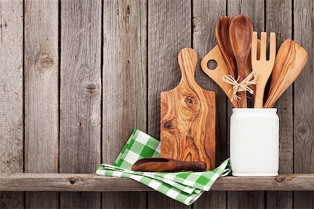 pot holder - Kitchen cooking utensils on shelf against rustic wooden wall with copy space Stock Photo - Budget Royalty-Free & Subscription, Code: 400-08493426