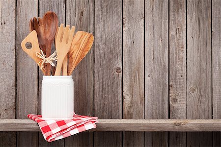 pot holder - Kitchen cooking utensils on shelf against rustic wooden wall with copy space Stock Photo - Budget Royalty-Free & Subscription, Code: 400-08493430