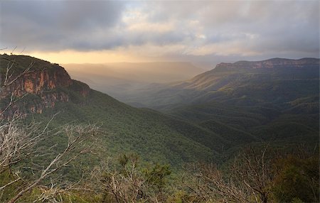 Misty rainy sunrise at Leura with great views across the Jamison valley to Mount Solitary receiving a glimpse of the sun rays.  It is also known as Korowal the lonely mountain to the Gundungurra People. Photographie de stock - Aubaine LD & Abonnement, Code: 400-08504141