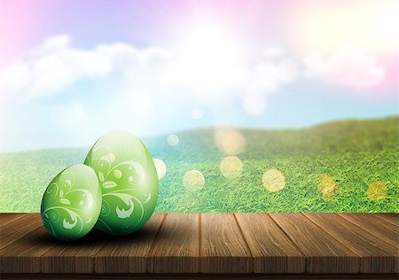 simsearch:400-09068018,k - 3D render of Easter eggs on a wooden decking against a summer countryside background Stock Photo - Budget Royalty-Free & Subscription, Code: 400-08504188