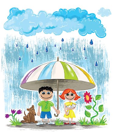rain little girl - rainy day kids with pets hiding under umbrella wallpaper postcard Photographie de stock - Aubaine LD & Abonnement, Code: 400-08504459
