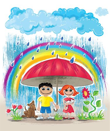 rain little girl - rainy day children with dog and cat hiding under umbrella wallpaper Photographie de stock - Aubaine LD & Abonnement, Code: 400-08504461