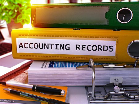 simsearch:640-03261483,k - Accounting Records - Yellow Ring Binder on Office Desktop with Office Supplies and Modern Laptop. Accounting Records Business Concept on Blurred Background. 3D Render. Stock Photo - Budget Royalty-Free & Subscription, Code: 400-08504546