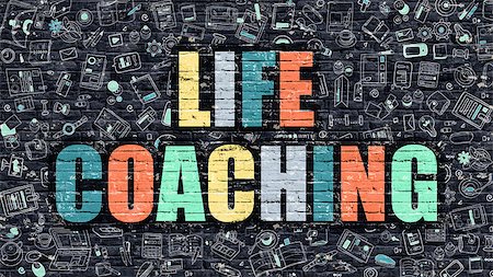 simsearch:400-08998421,k - Life Coaching Concept. Modern Illustration. Multicolor Life Coaching Drawn on Dark Brick Wall. Doodle Icons. Doodle Style of  Life Coaching Concept. Life Coaching on Wall. Stock Photo - Budget Royalty-Free & Subscription, Code: 400-08504602