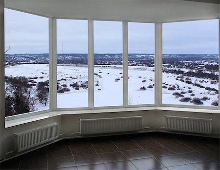 snowflakes on window - wide window of verandah overlooking the winter landscape Photographie de stock - Aubaine LD & Abonnement, Code: 400-08504768