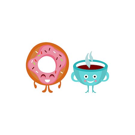 Humanized Coffee And Doughnut Funny  Flat Vector Illustration In Cartoon Style Isolated On White Background Stock Photo - Budget Royalty-Free & Subscription, Code: 400-08504900