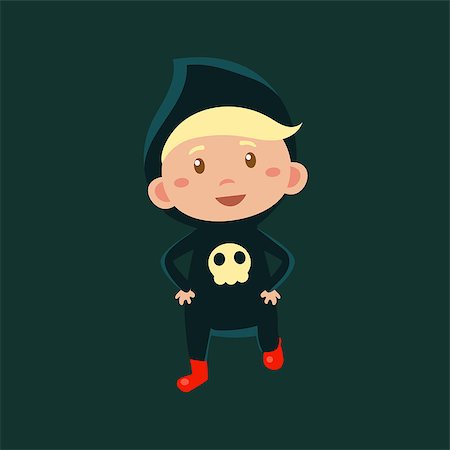 Boy In Jumpsuit With Scull Haloween Disguise Funny Flat Vector Illustration On Dark Background Stock Photo - Budget Royalty-Free & Subscription, Code: 400-08504915