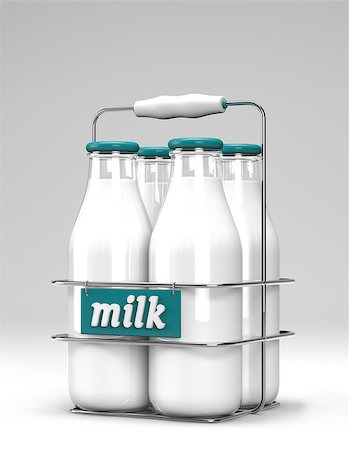simsearch:400-04499805,k - Four glass bottles of milk with light blue caps in a metal carrying case with holder and word milk written on the front on white background Photographie de stock - Aubaine LD & Abonnement, Code: 400-08505080