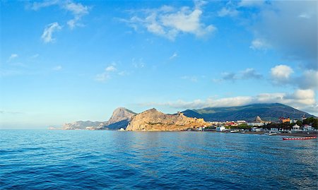 Summer morning rocky coastline and Genoese fortress (Sudak Town, Crimea, Ukraine). Stock Photo - Budget Royalty-Free & Subscription, Code: 400-08505147