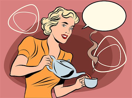 retro waitress - The waitress pours tea pop art line art comic retro. Retro waiter. Restaurant hot drink. retro colors Stock Photo - Budget Royalty-Free & Subscription, Code: 400-08505220