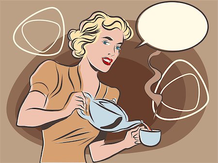 retro waitress - The waitress pours tea pop art line art comic retro. Retro waiter. Restaurant hot drink. pastel retro colors Stock Photo - Budget Royalty-Free & Subscription, Code: 400-08505221