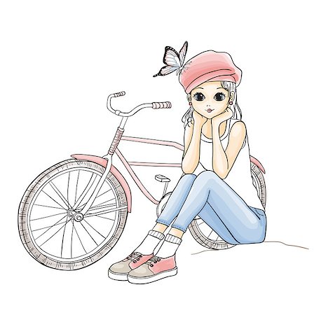 fashion kid with bicycle - Cute young girl in pink hat with a bicycle. Vector hand drawn illustration. Stock Photo - Budget Royalty-Free & Subscription, Code: 400-08505352