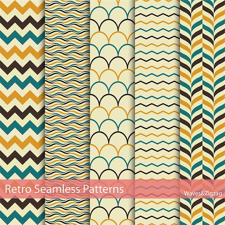 simsearch:400-07932621,k - Set of 5 retro seamless patterns. Waves, Zigzag color texture. Foto de stock - Royalty-Free Super Valor e Assinatura, Número: 400-08505394