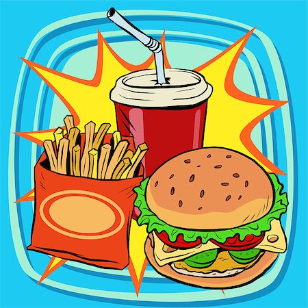 fast food cartoon - fast food fries burger drink cola pop art retro vector. Street restaurant. Nourishing food. Retro food Stock Photo - Budget Royalty-Free & Subscription, Code: 400-08505570