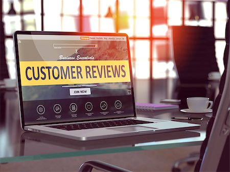 quality review - Customer Reviews Concept. Closeup Landing Page on Laptop Screen  on background of Comfortable Working Place in Modern Office. Blurred, Toned Image. 3D Render. Stock Photo - Budget Royalty-Free & Subscription, Code: 400-08505671